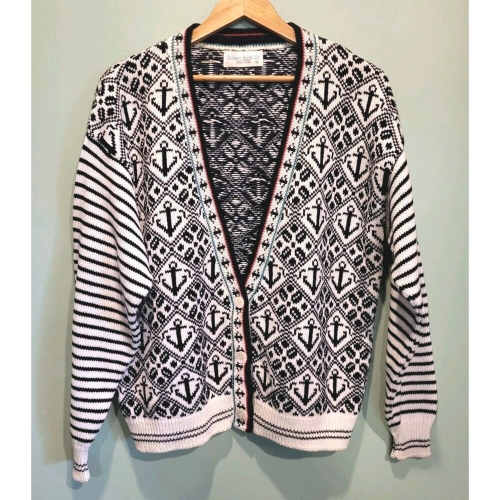 Vtg Robert Scott Nautical Anchor Yacht Old Money V Neck Cardigan Sweater M